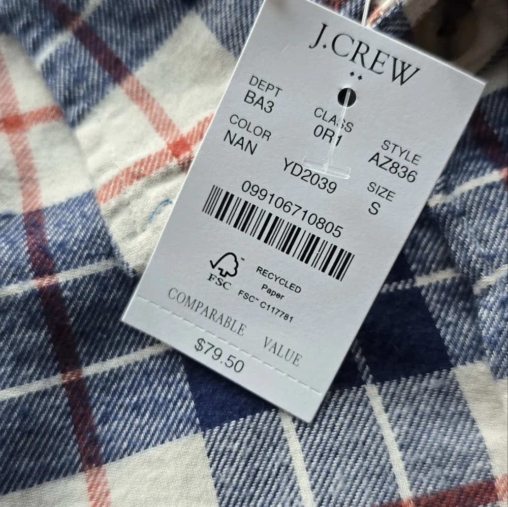 J.Crew Plaid Flannel In Blue/Red/Cream